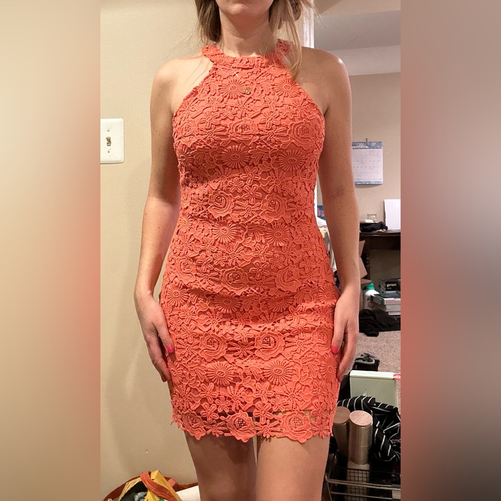 Lulu’s Coral Lace Dress, Halter Neck line